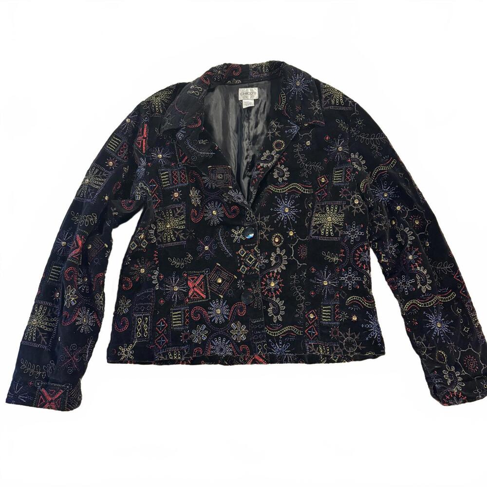 VTG Chico’s 0 Black Embroidered Suede Jacket Colorful Cotton‎ Boho Artsy Artwear